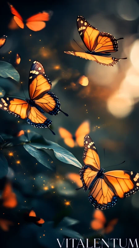 Twilight dance of glowing orange butterflies in soft forest air.