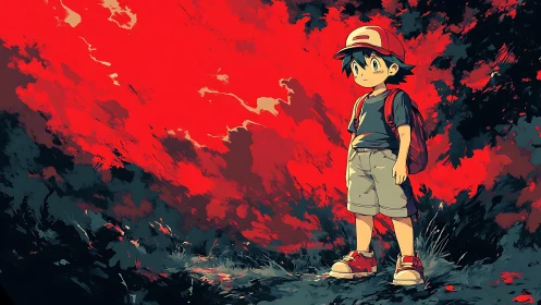 Young wanderer stands before a blazing crimson horizon.