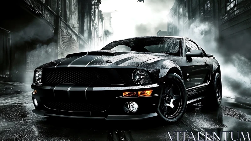 Muscle car rendered in cinematic noir rain with dramatic highlights