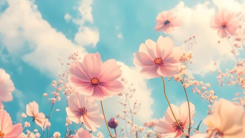 Pink cosmos flowers dance under soft clouds and blue sky.