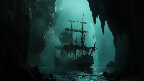 Ghost galleon in bioluminescent sea cave volumetrics.
