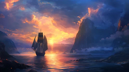 Sunlit voyage between calm seas and glowing cliffs.