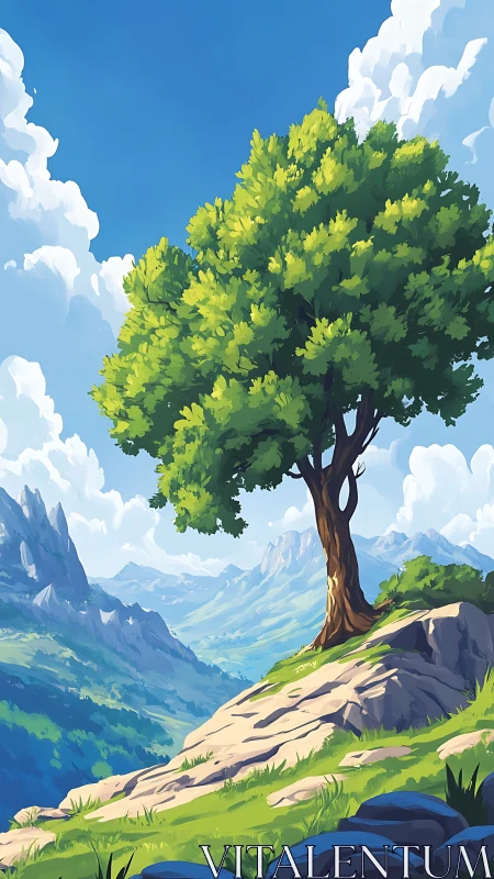 Lone hillside tree overlooks bright sunlit mountain valley.
