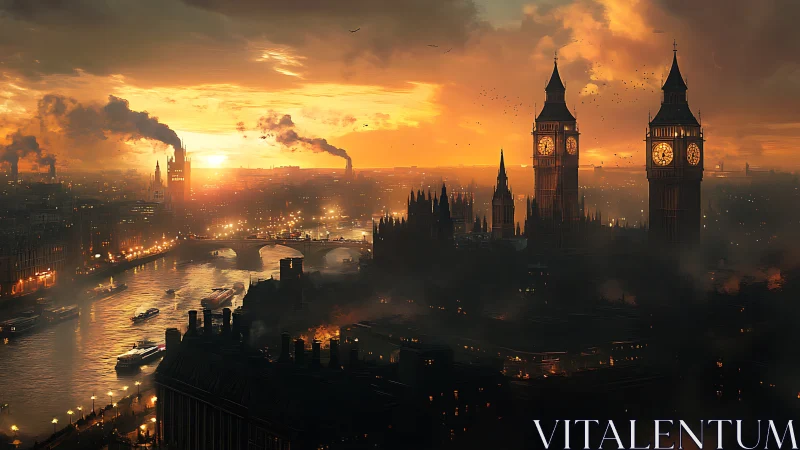 Industrial London’s twin clocktowers glow in a burning sunset