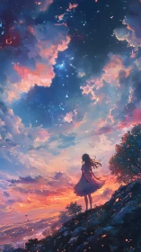 Silhouette of a girl under expansive dusk sky on hilltop.