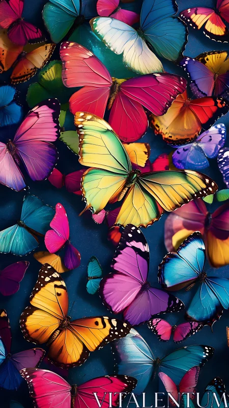 Colorful butterflies in dense overlapping cluster scene.