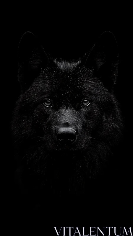 Midnight black wolf portrait in low key frontal composition.