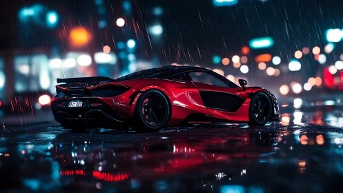 Red supercar stands in wet city street during heavy rain