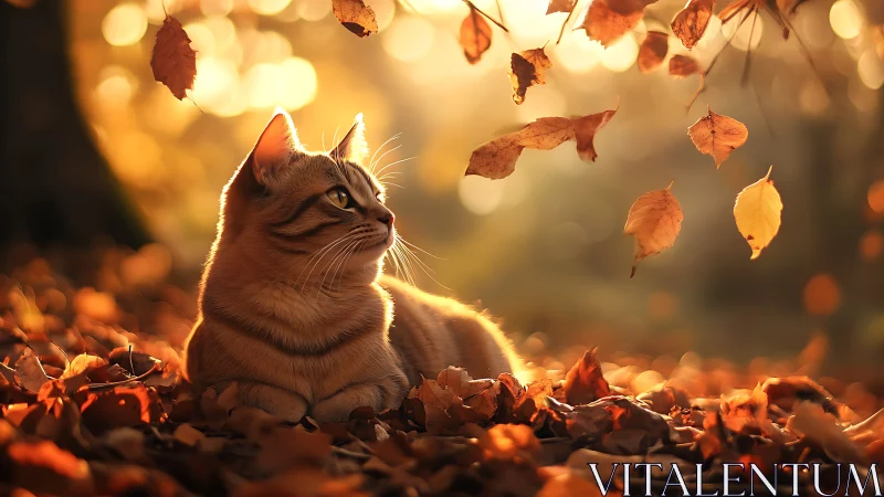 Feline Portrait Amid Autumn Foliage With Backlighting.
