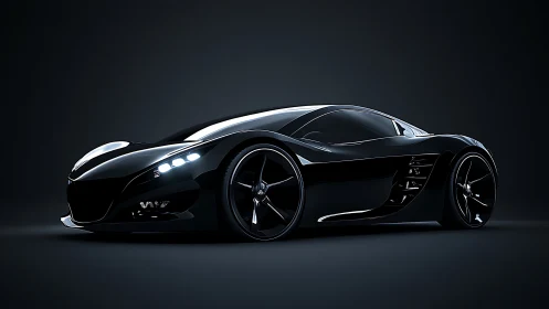 Midnight obsidian hypercar prowling a gloss-black void.
