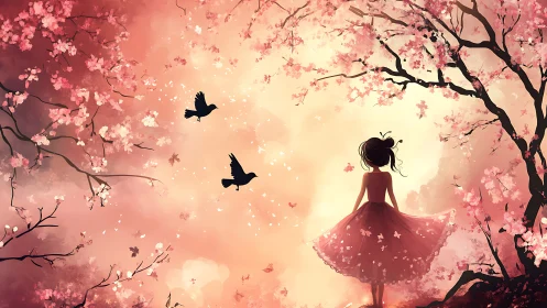 Soft spring morning welcomes a girl among pink blossoms