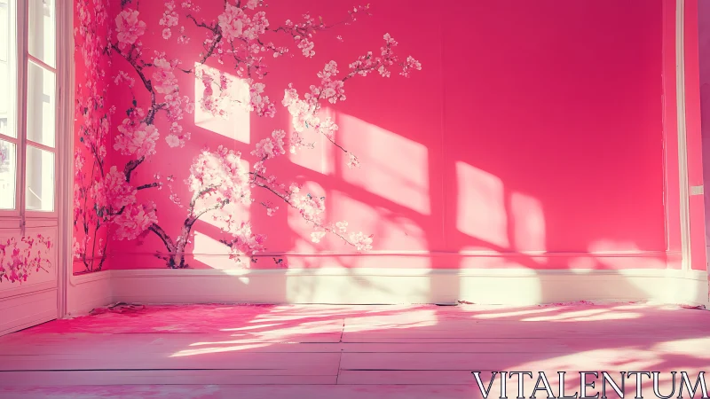 Sunlit pink room frames delicate cherry blossom wall art