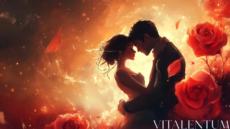 Passionate Silhouettes Among Luminous Roses: Digital Romance.