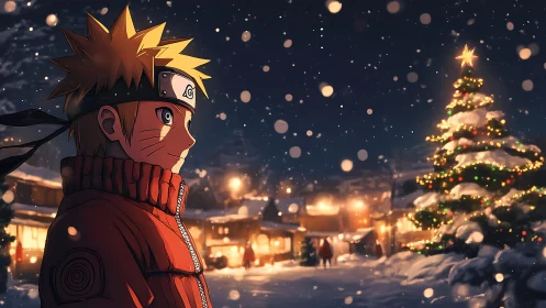 Anime character in snowy village with decorated tree at night.