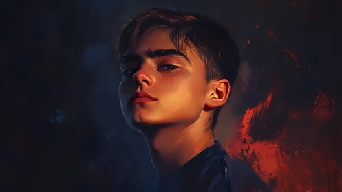 Boy portrait shows side-lit face against dark red background