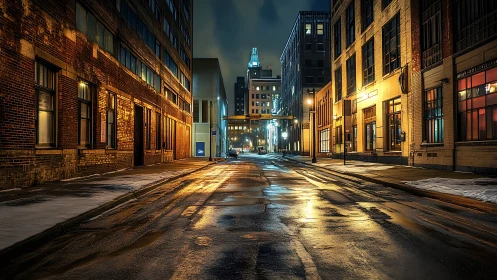 Rain-slicked industrial street under warm neon glow at night.