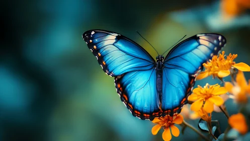 Blue butterfly resting gently among golden blossoms.
