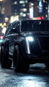 Nocturnal urban SUV render with angular LED headlamp array.