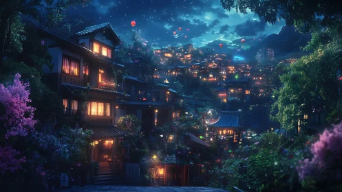Digital painting of lantern-lit terraced village at twilight.
