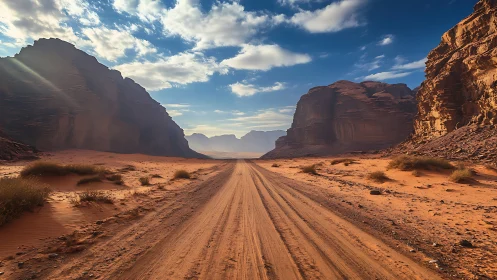 Linear desert track through stratified sandstone canyon corridor.