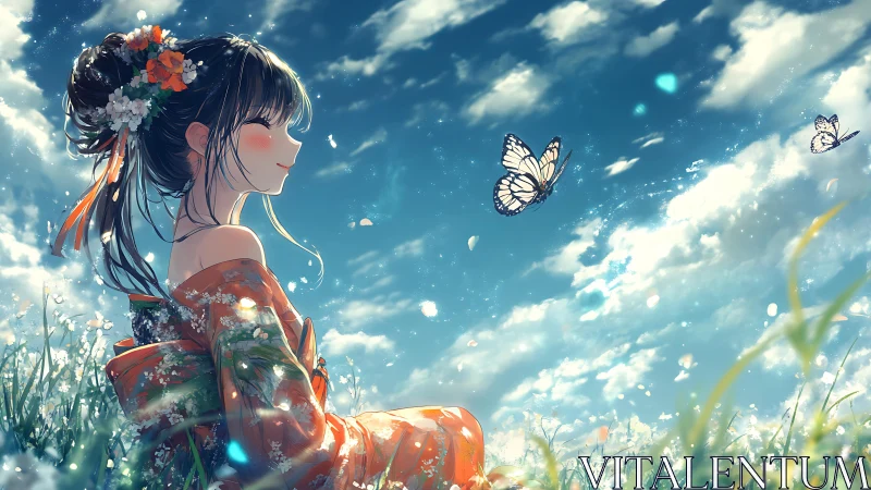 Anime girl in orange kimono under luminous sky with butterflies