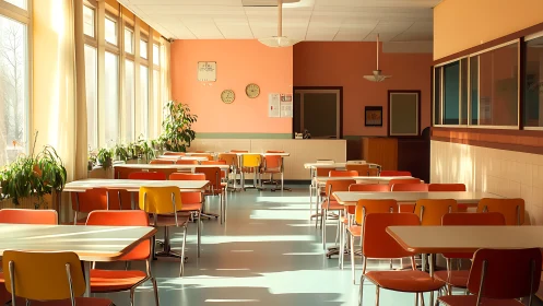 Sunlit retro cafeteria with pastel walls and orange chairs.