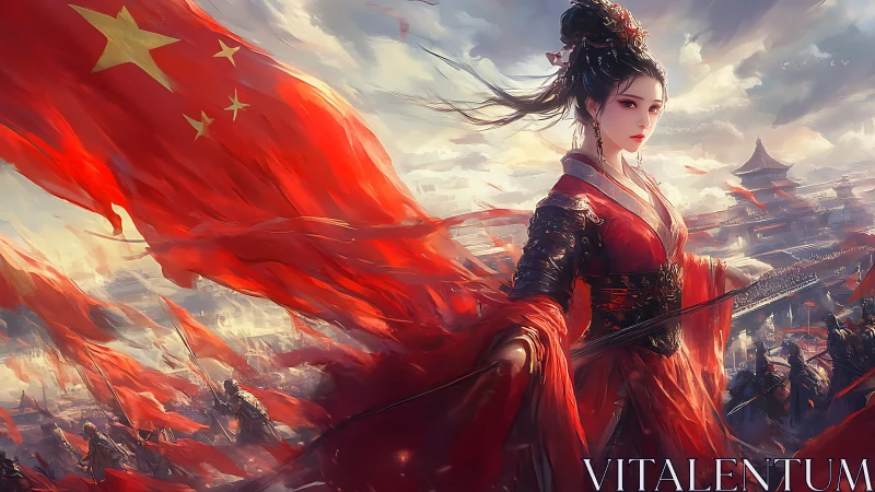 Woman in red robe stands before vast army and large red flag