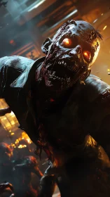 Glowing‑eyed zombie lunges forward in fiery industrial chaos