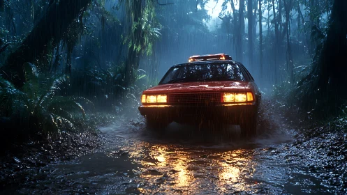 Retro off-road sedan traversing storm-lashed rainforest track.