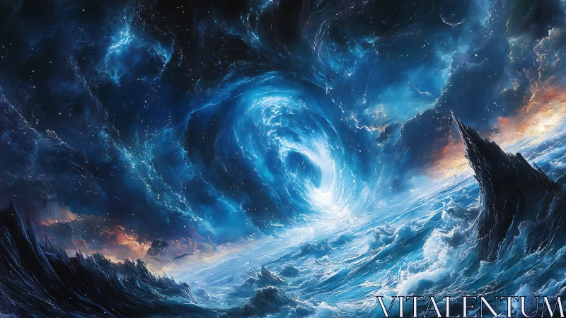 Cosmic ocean vortex swirls beneath luminous nebula sky.
