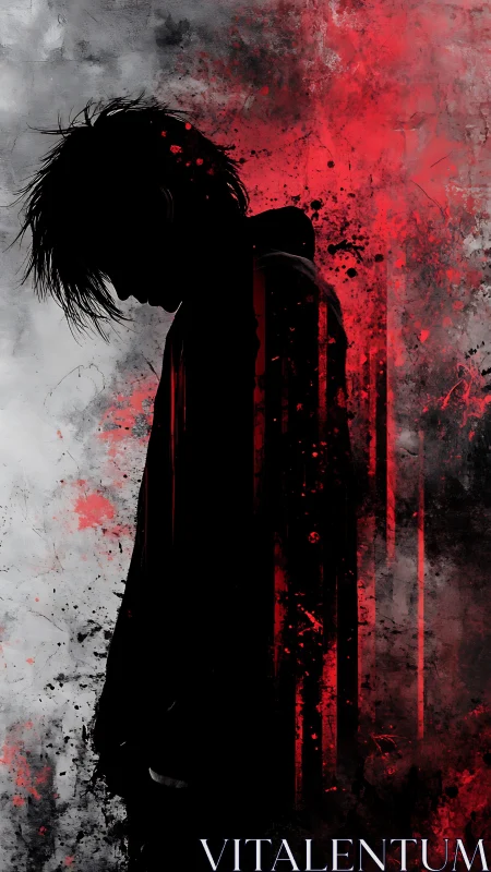 Silhouetted figure in red and gray abstract grunge scene.