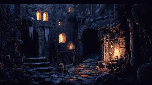 Medieval stone dungeon corridor with firelit chambers.