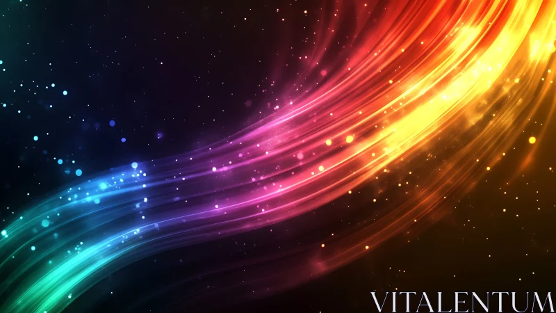 Prismatic light trails arc through cosmic starfield glow.