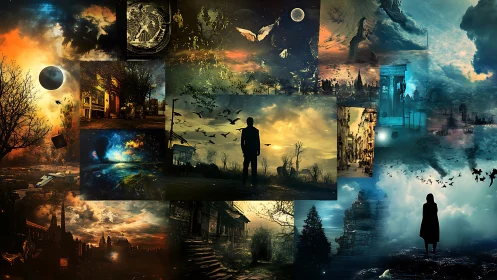 Wanderers crossing dreamlit horizons in surreal city fragments.