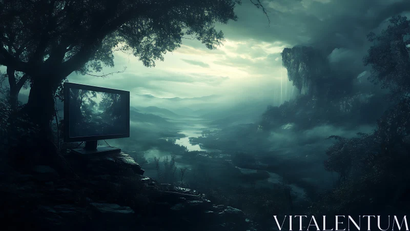 Digital monitor portal in mist-laden cinematic valley landscape.