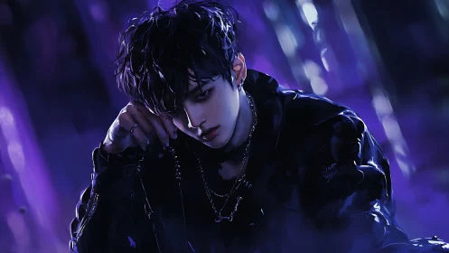 Male figure in dark jacket within purple urban lighting.