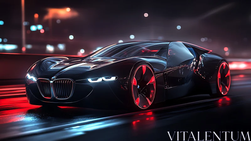 Aerodynamic BMW concept coupe under neon vector lighting.