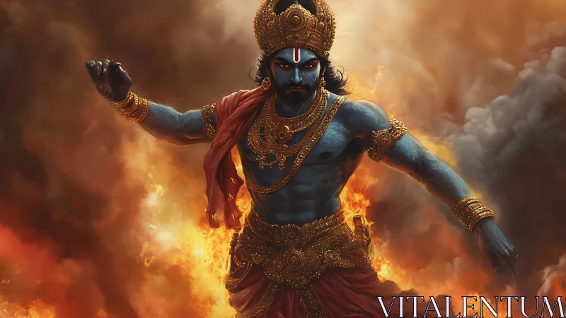 Blue-skinned warrior god strides through roaring firestorm.