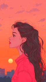 Sunset-soaked city skyline crowns a quiet girl’s resolve