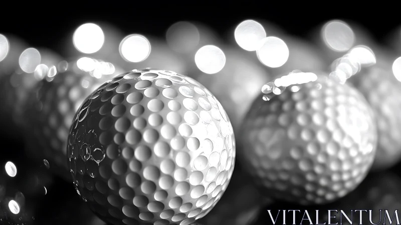 Close-up monochrome study of wet reflective golf balls.