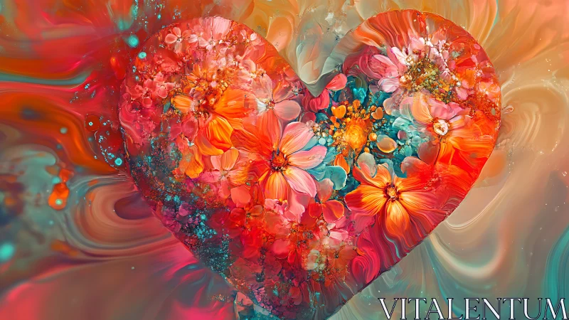 Heart form composed of layered floral elements and fluid abstract motion.