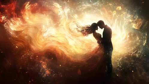 Silhouetted Pair Embracing Within Incandescent Plasma Vortex.