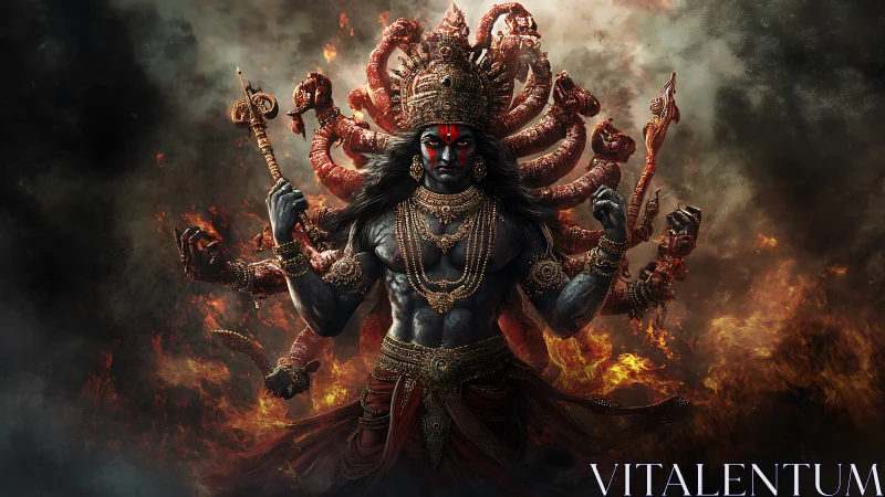 Fierce many-armed deity strides through swirling fire and smoke
