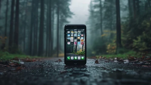 Smartphone standing on wet forest road in misty low light.