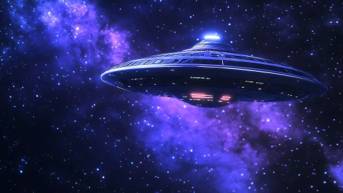 Disc-shaped spacecraft travels through dense purple starfield