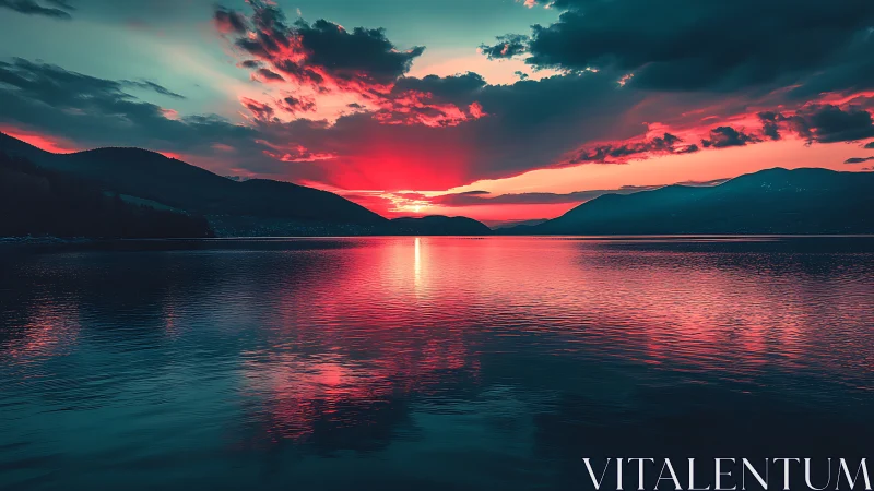 High-saturation mountain lake sunset with mirrored specular reflections