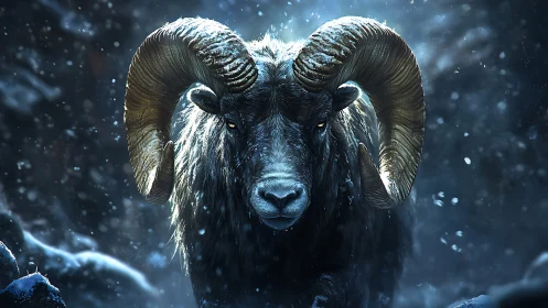 Ram faces viewer in snowy, high-contrast digital scene