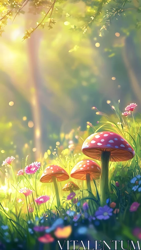 Sunlit forest mushrooms glowing in a dreamy wildflower meadow.