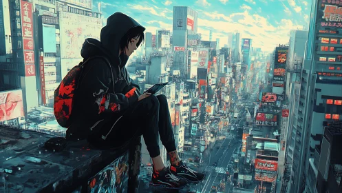 Hacker teen on neon rooftop above dense cyber cityscape.
