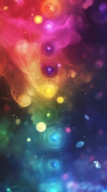 Chakra energy vortexes in luminous vertical rainbow field.